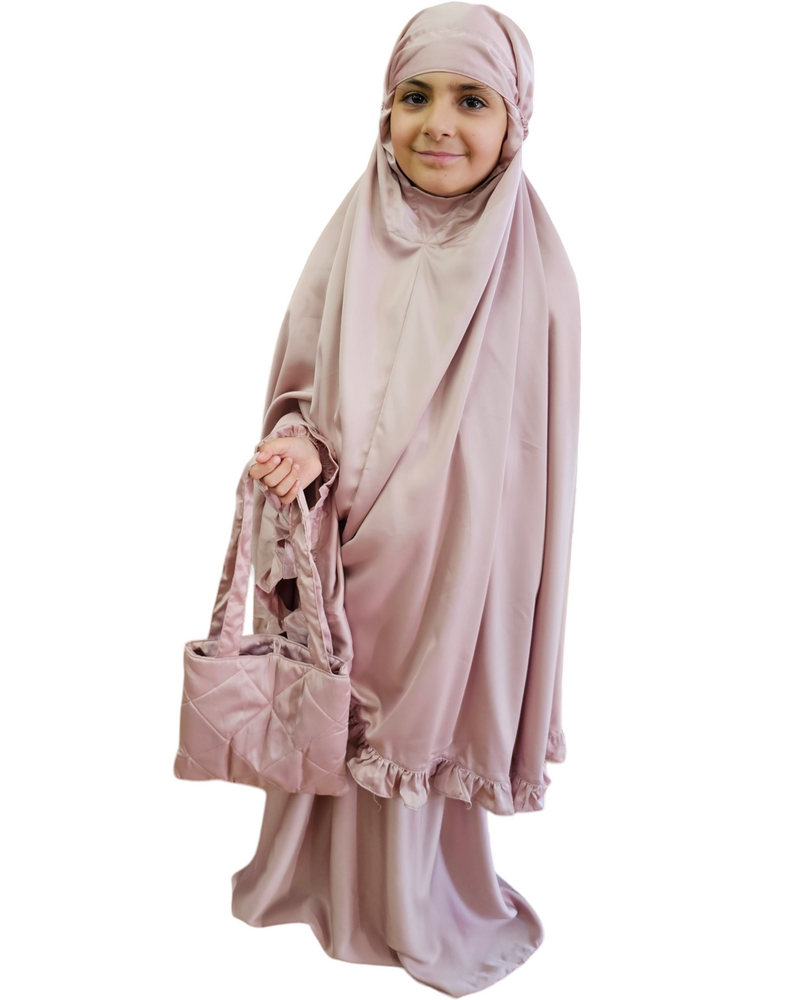Amina Girls satin prayer set with matching bag dusty rose