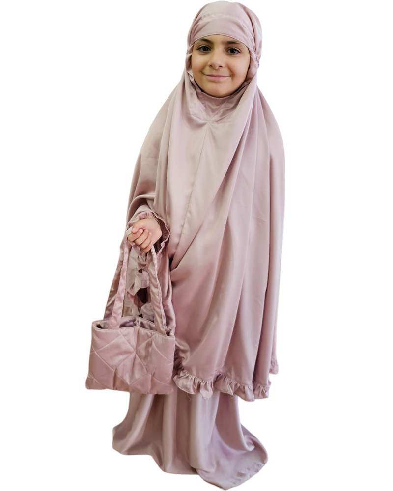Amina Girls satin prayer set with matching bag dusty rose